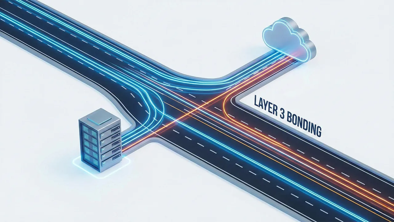 Diagram showing digital data lanes merging through a network path to illustrate Layer 3 Bonding