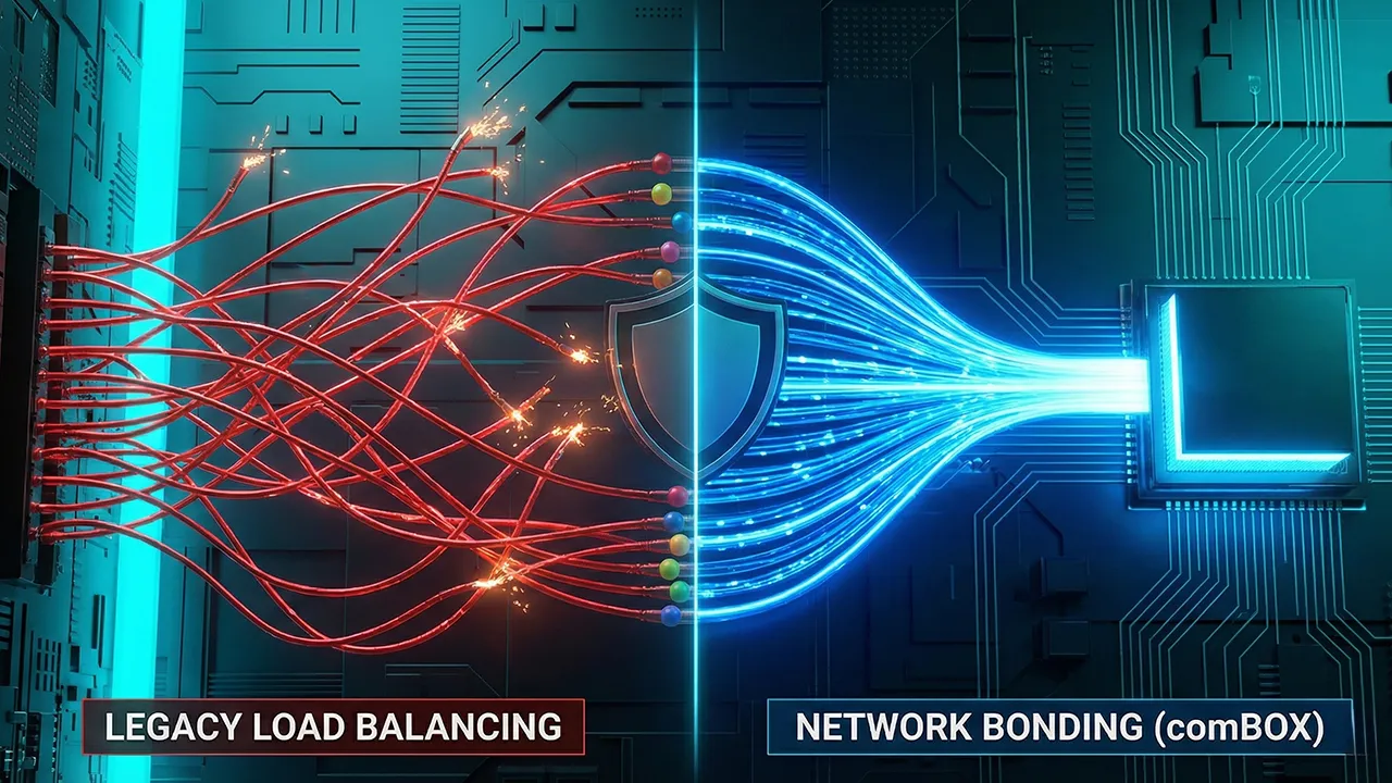 Visual comparison showing chaotic legacy load balancing versus streamlined Network Bonding with unified data flow
