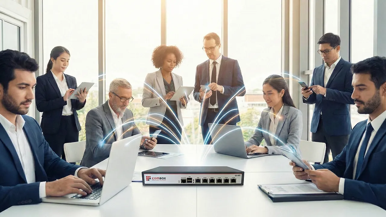 Business team using laptops and tablets around a comBOX device illustrating an MPLS Alternative for reliable connectivity