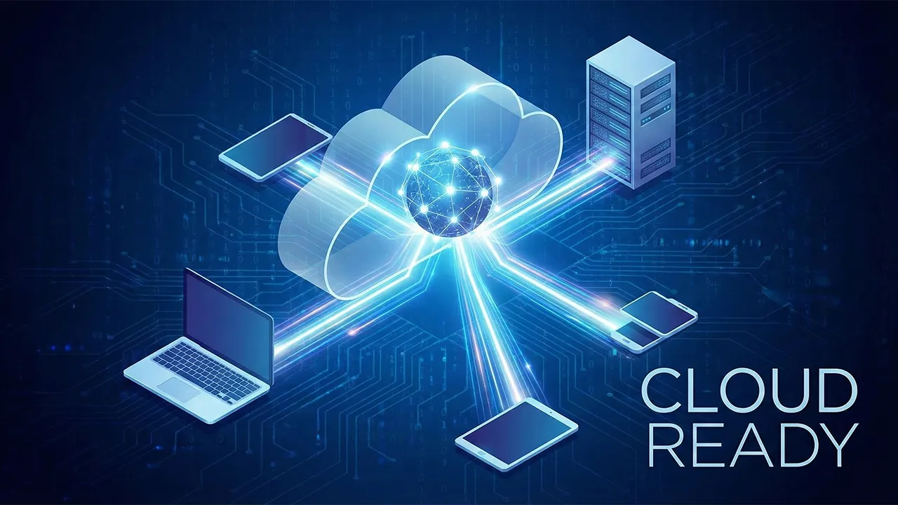 Digital cloud illustration connecting laptops tablets and servers to represent a Cloud Ready Network