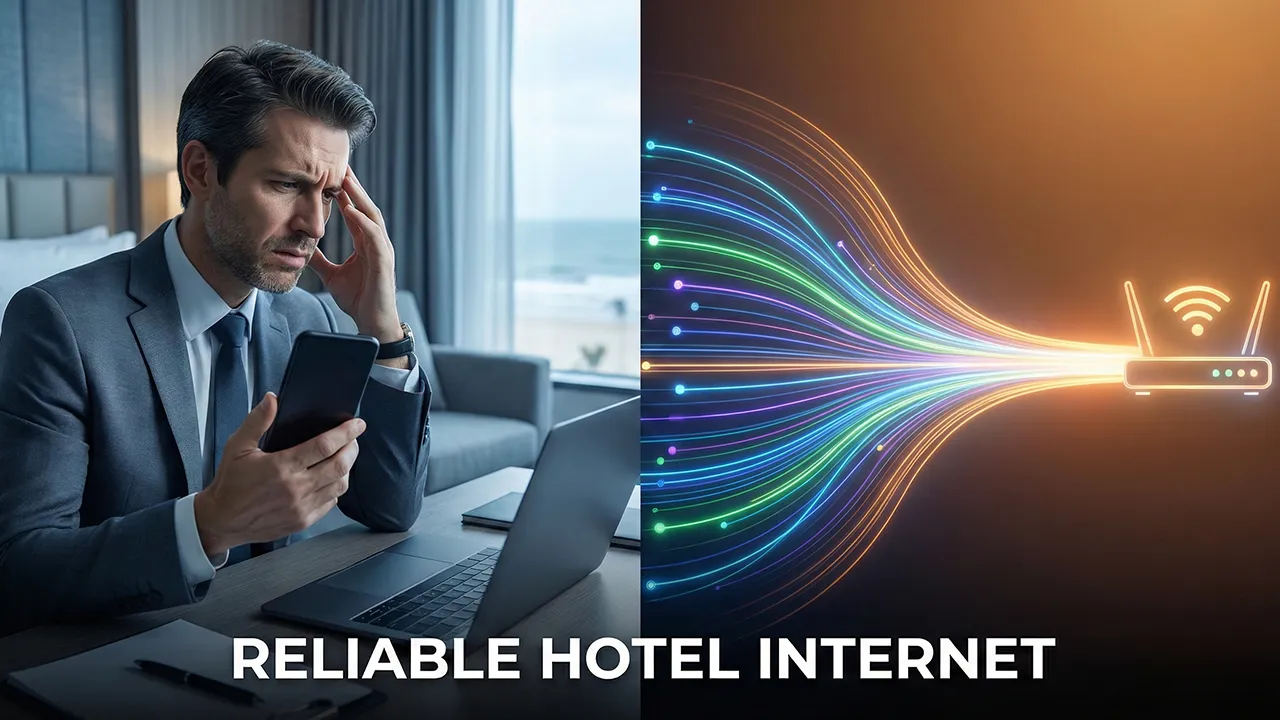 Business traveler frustrated with poor hotel internet contrasted with a visualization of fast reliable hotel Wi Fi