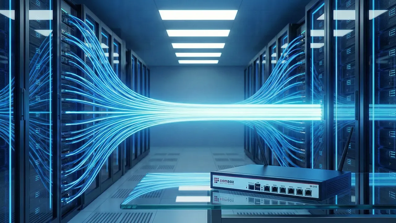 Data center visualization showing multiple data streams converging into a comBOX device for high-speed VDSL bonding
