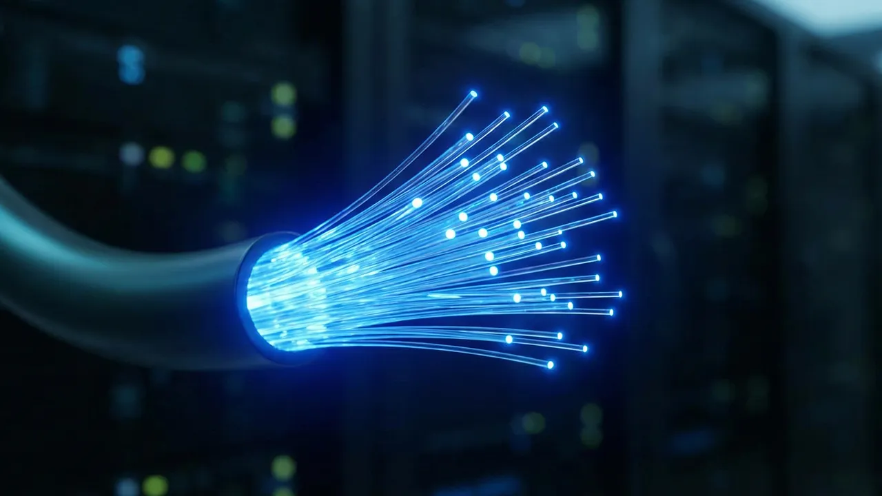 Close-up of glowing blue fiber optic strands representing high-speed data transmission