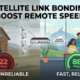 Illustration comparing slow single satellite internet with fast reliable satellite link bonding using multiple dishes and a combox device boosting remote connection speed