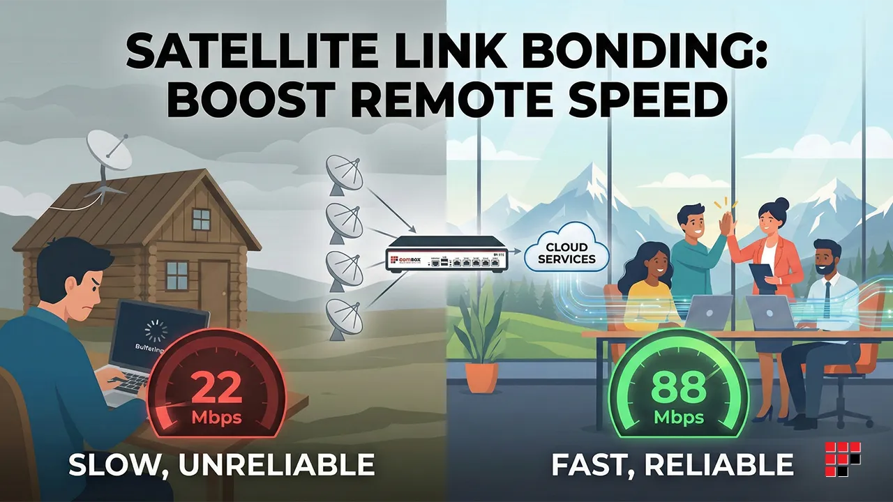 Illustration comparing slow single satellite internet with fast reliable satellite link bonding using multiple dishes and a combox device boosting remote connection speed