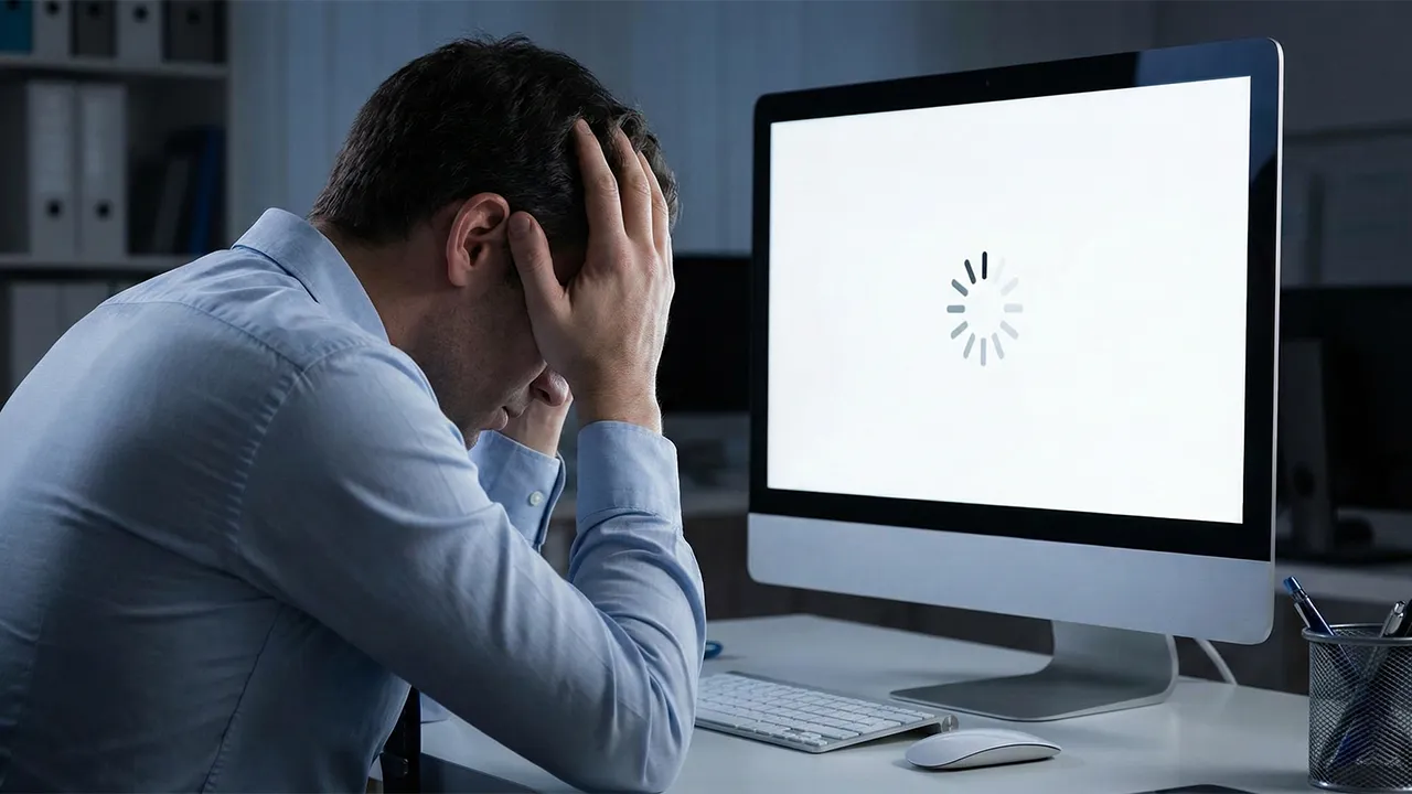 Frustrated employee needing Intelligent Bandwidth Aggregation due to slow internet.