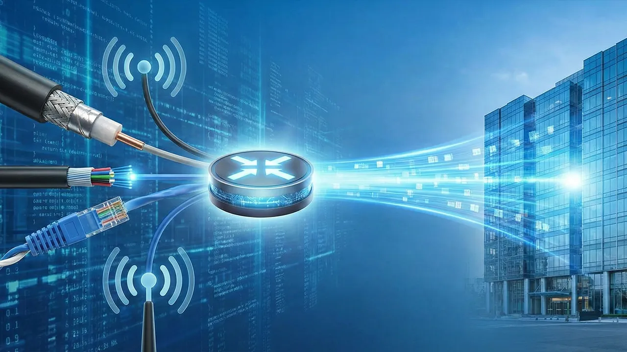 Illustration of multiple internet lines merging into a single intelligent bandwidth aggregation device