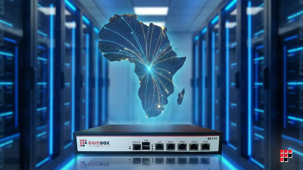 comBOX device with a digital Africa map showing interconnected network lines symbolizing resilient and unbreakable internet connectivity