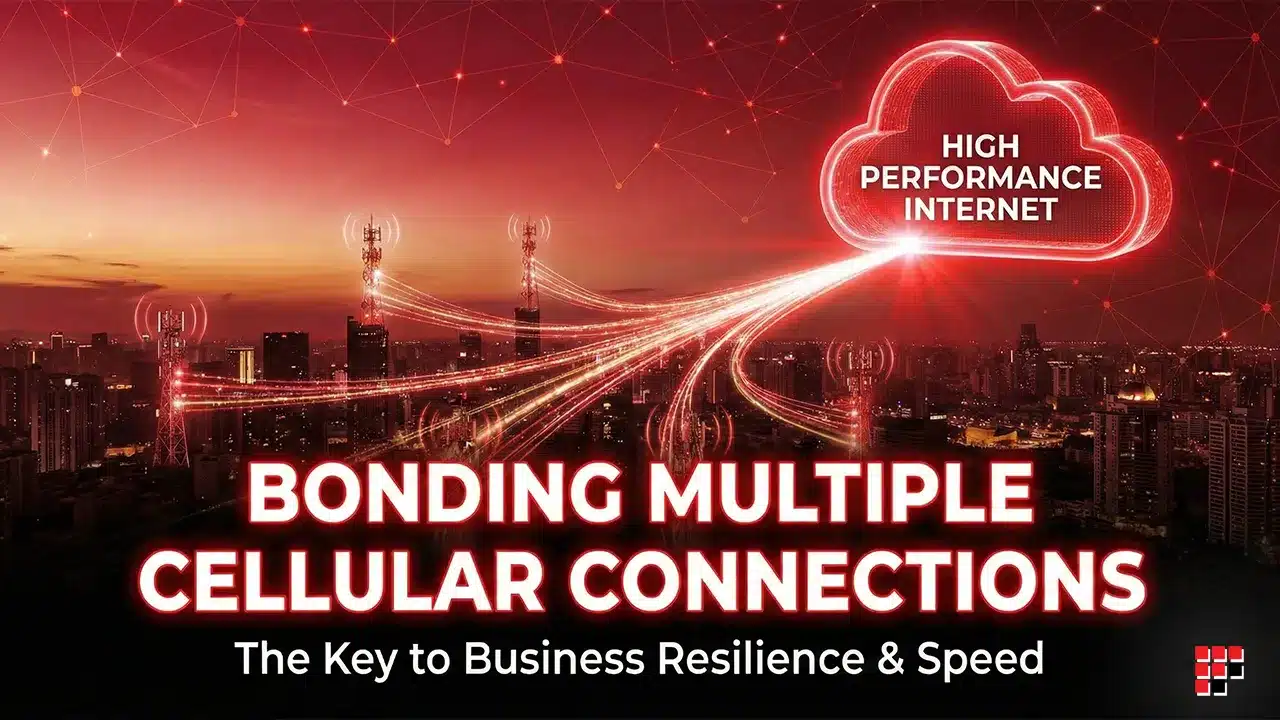 City skyline with digital lines illustrating bonding multiple cellular connections for high performance internet