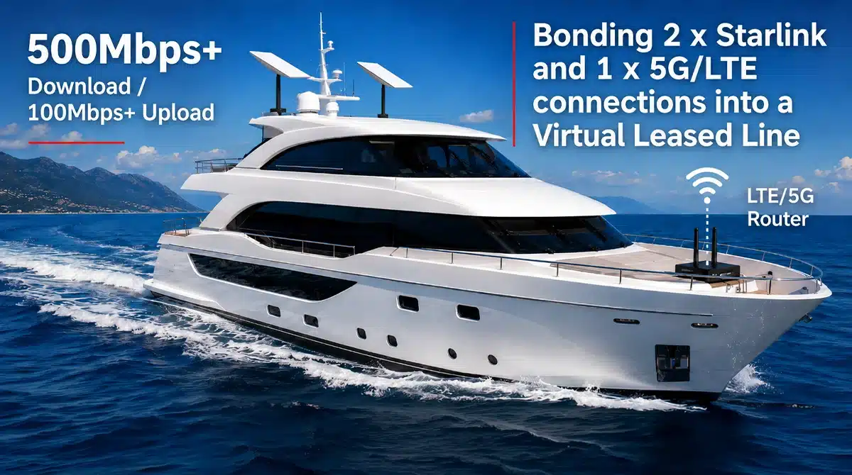 Maritime connectivity for luxury yachts with comBOX VLL Maritime connectivity yacht using Broadband Bonding Routers Multi-WAN CPE with dual Starlink and LTE 5G bonded internet connections at sea