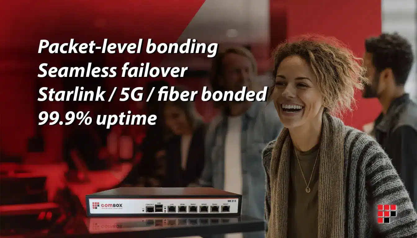 Multi-WAN Bonding device displayed in a retail setting with people interacting in the background