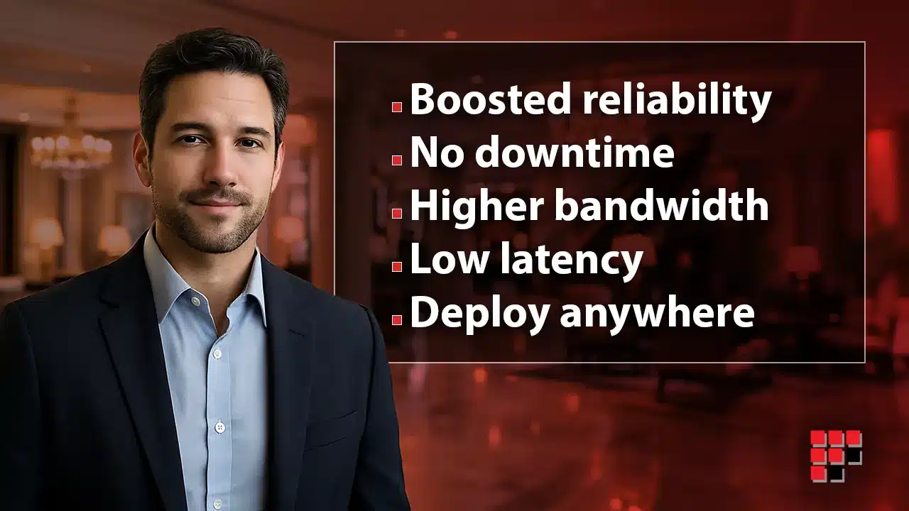 Man in a hotel lobby with key features listed highlighting hotel connectivity