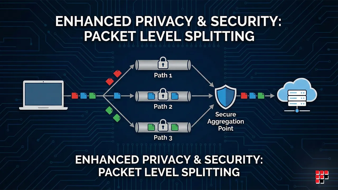 Diagram illustrating how packet level splitting supports bonding multiple cellular connections for improved privacy and security