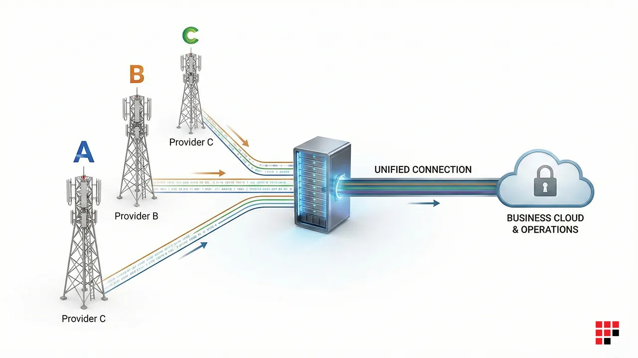 Diagram showing bonding multiple cellular connections from various providers into one unified connection for secure business cloud operations