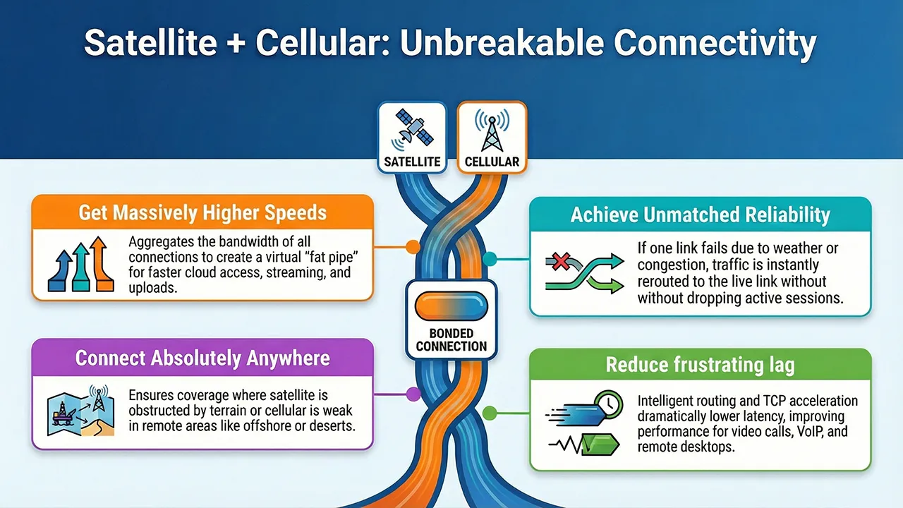 Infographic showing the benefits of Bonding Satellite and Cellular Internet with icons and colored sections