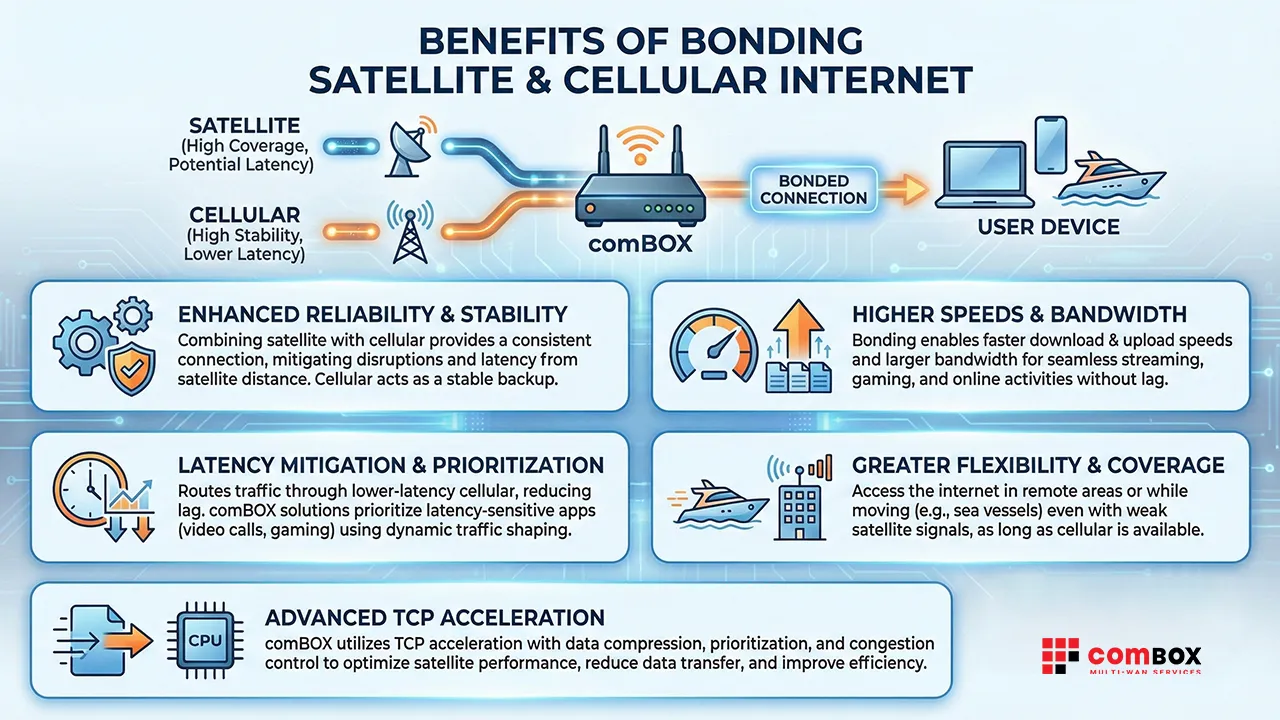 Infographic explaining the benefits of Bonding Satellite and Cellular Internet with illustrated icons and feature sections