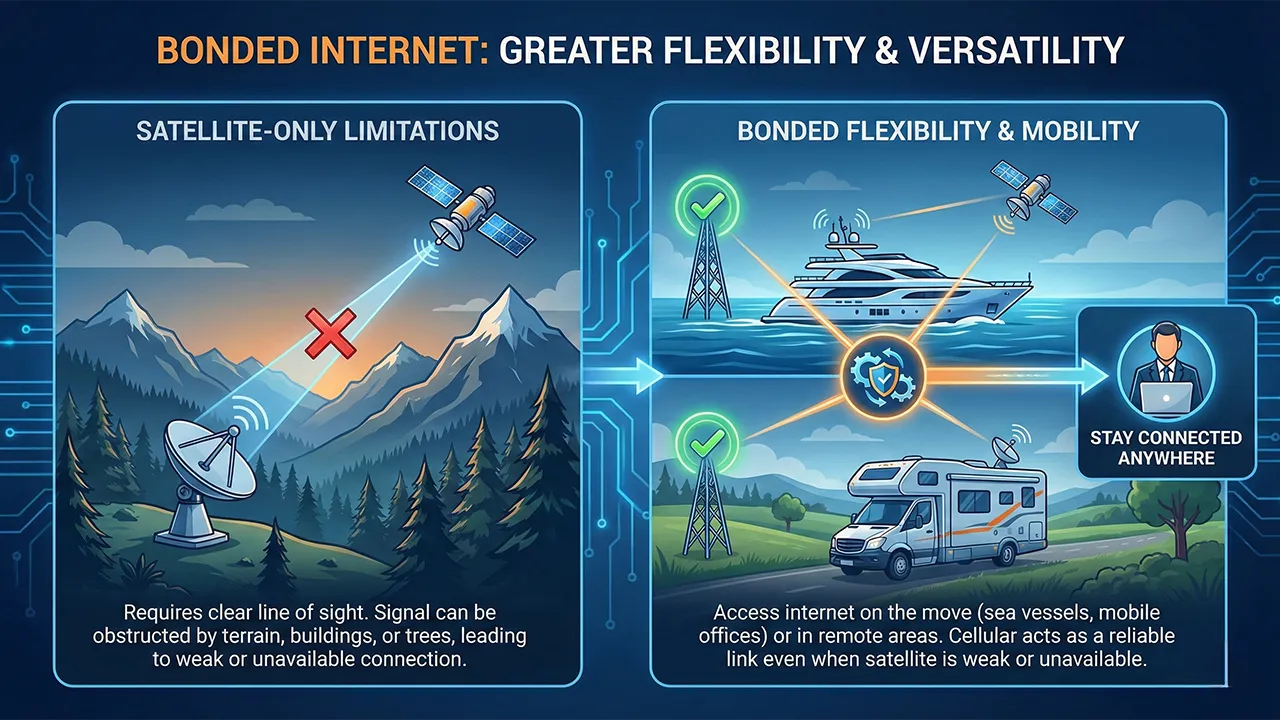 Infographic comparing satellite only limitations with the advantages of Bonding Satellite and Cellular Internet showing improved mobility flexibility and connectivity