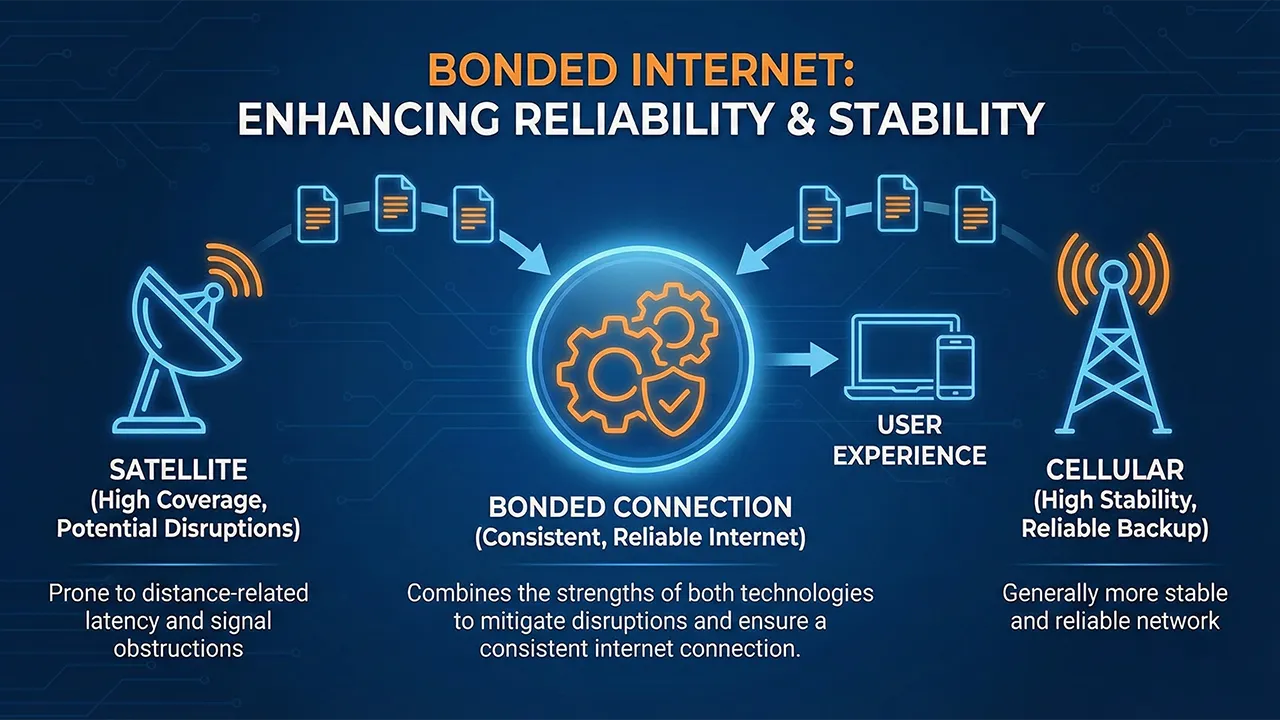 Infographic showing how Bonding Satellite and Cellular Internet improves reliability stability and user experience