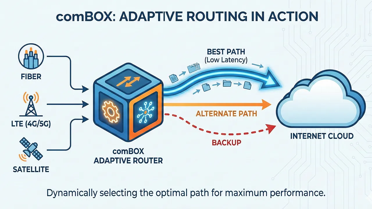 Diagram showing multiple network sources feeding an adaptive router that selects the best route to support bonding internet connections