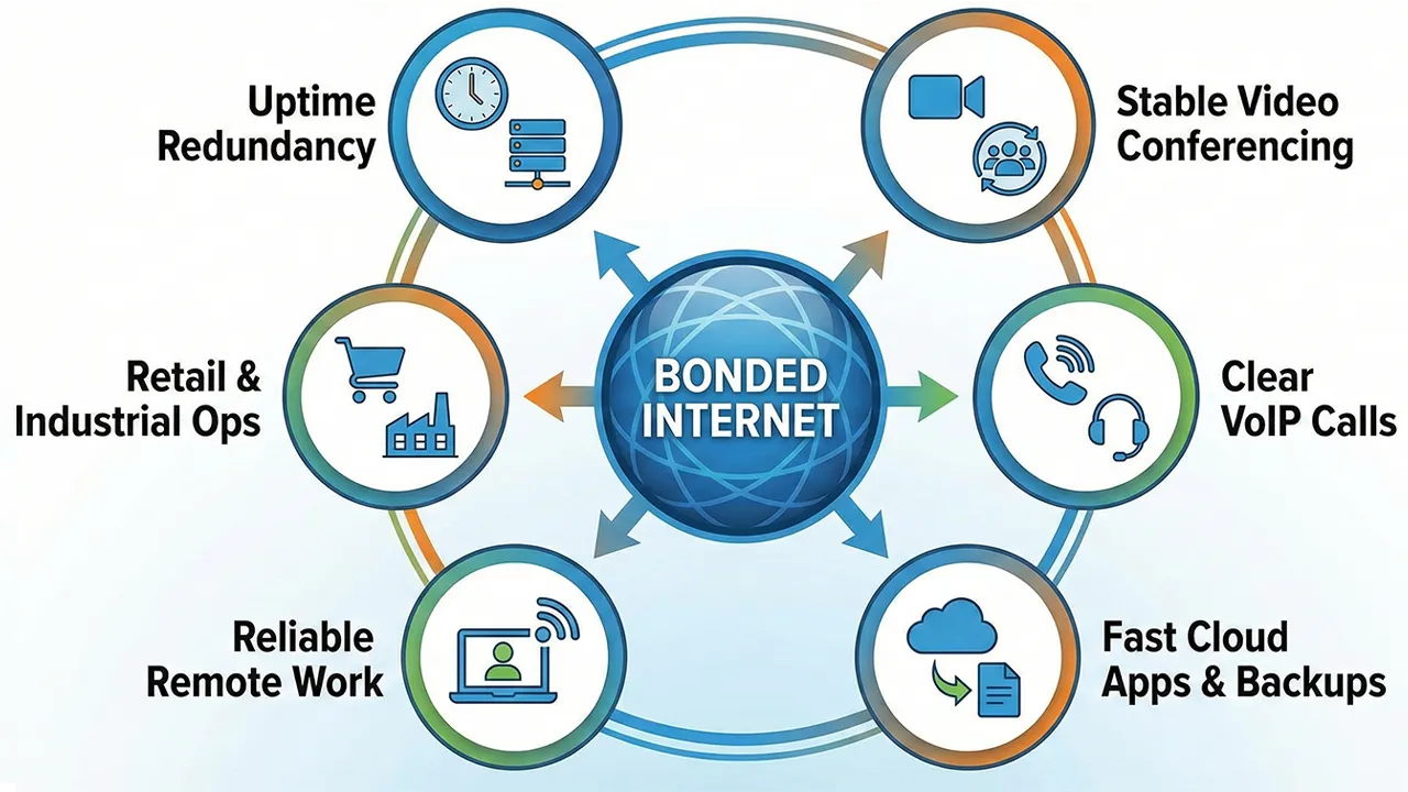 Infographic showing key benefits of bonding internet connections around a central network icon