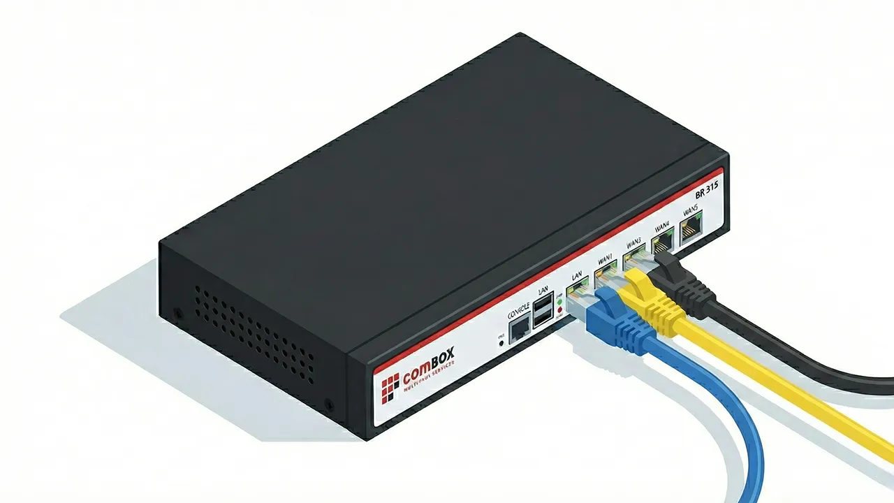 Network device with several ethernet cables connected to illustrate bonding internet connections