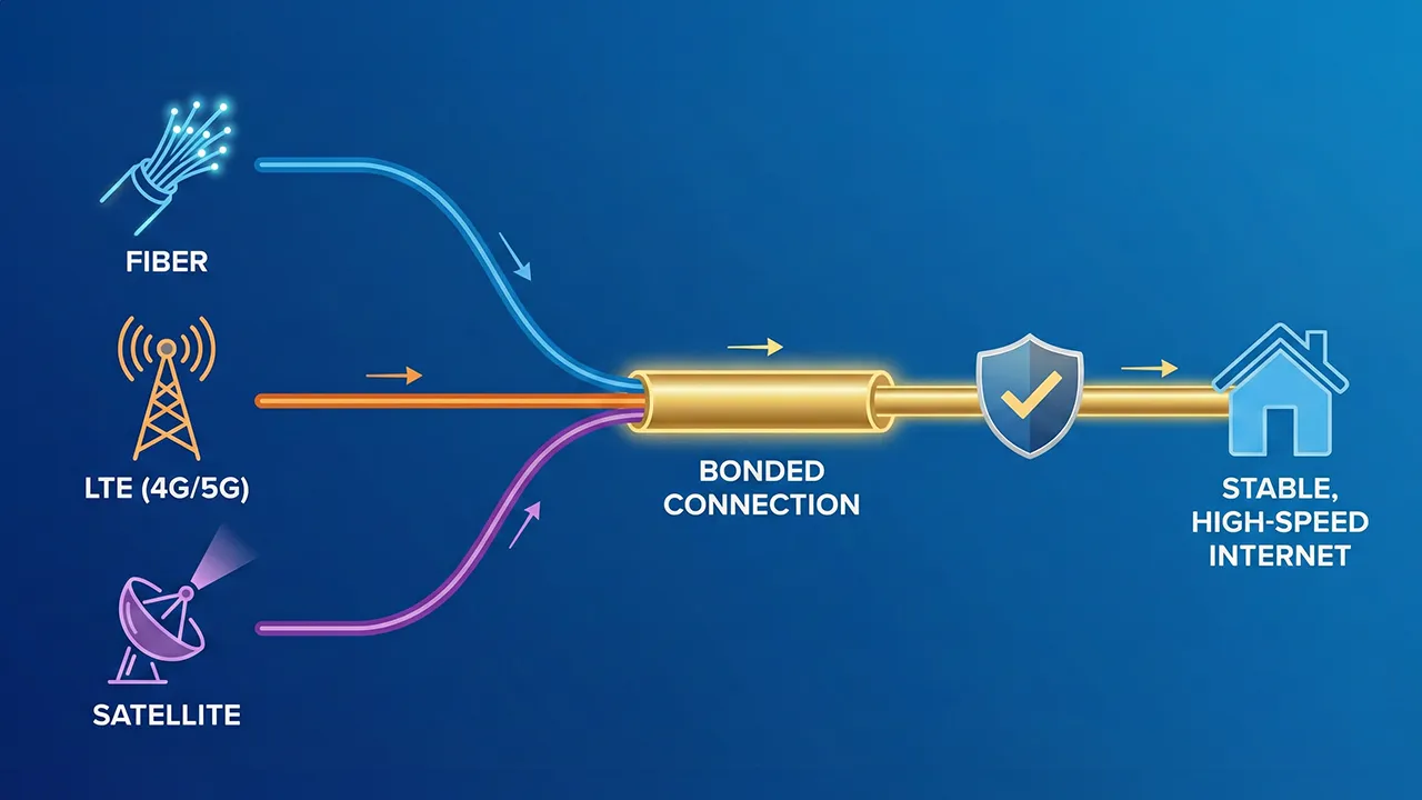 Digital illustration showing multiple network cables merging to represent bonding internet connections
