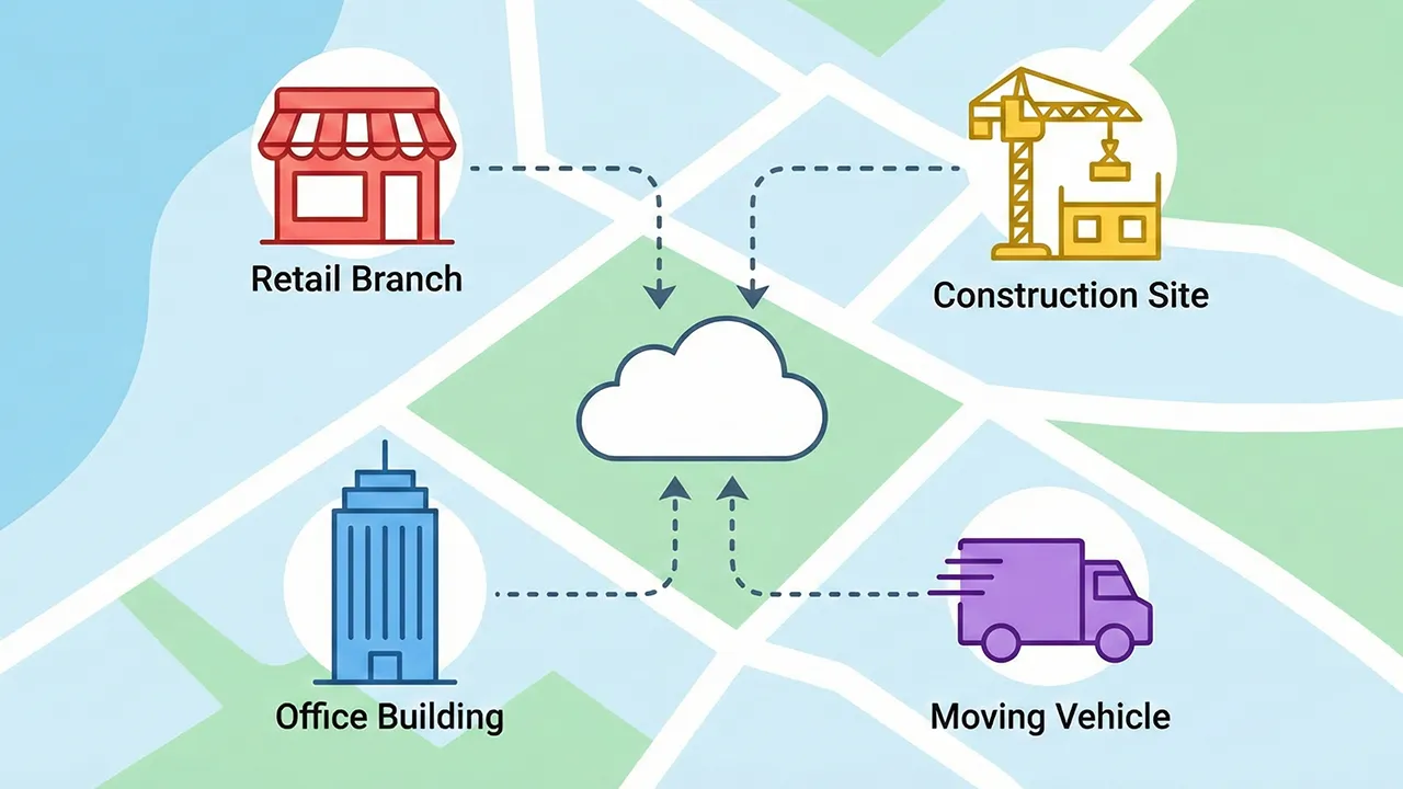 Map style graphic showing different locations connected to a cloud symbol to illustrate bonding internet connections