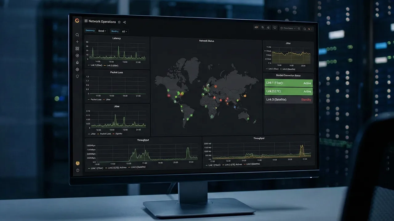 Monitoring dashboard on a computer screen showing global network data related to bonding internet connections