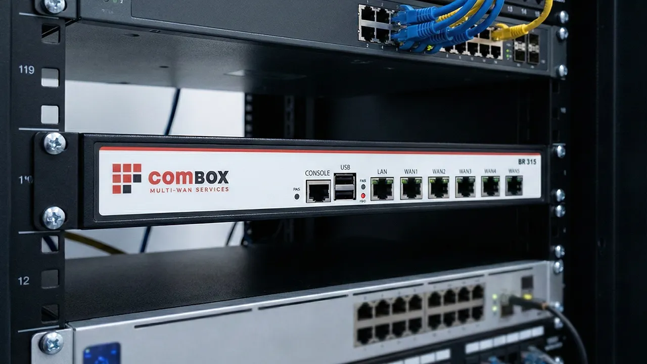 Rack mounted network equipment showing multiple ports used for bonding internet connections
