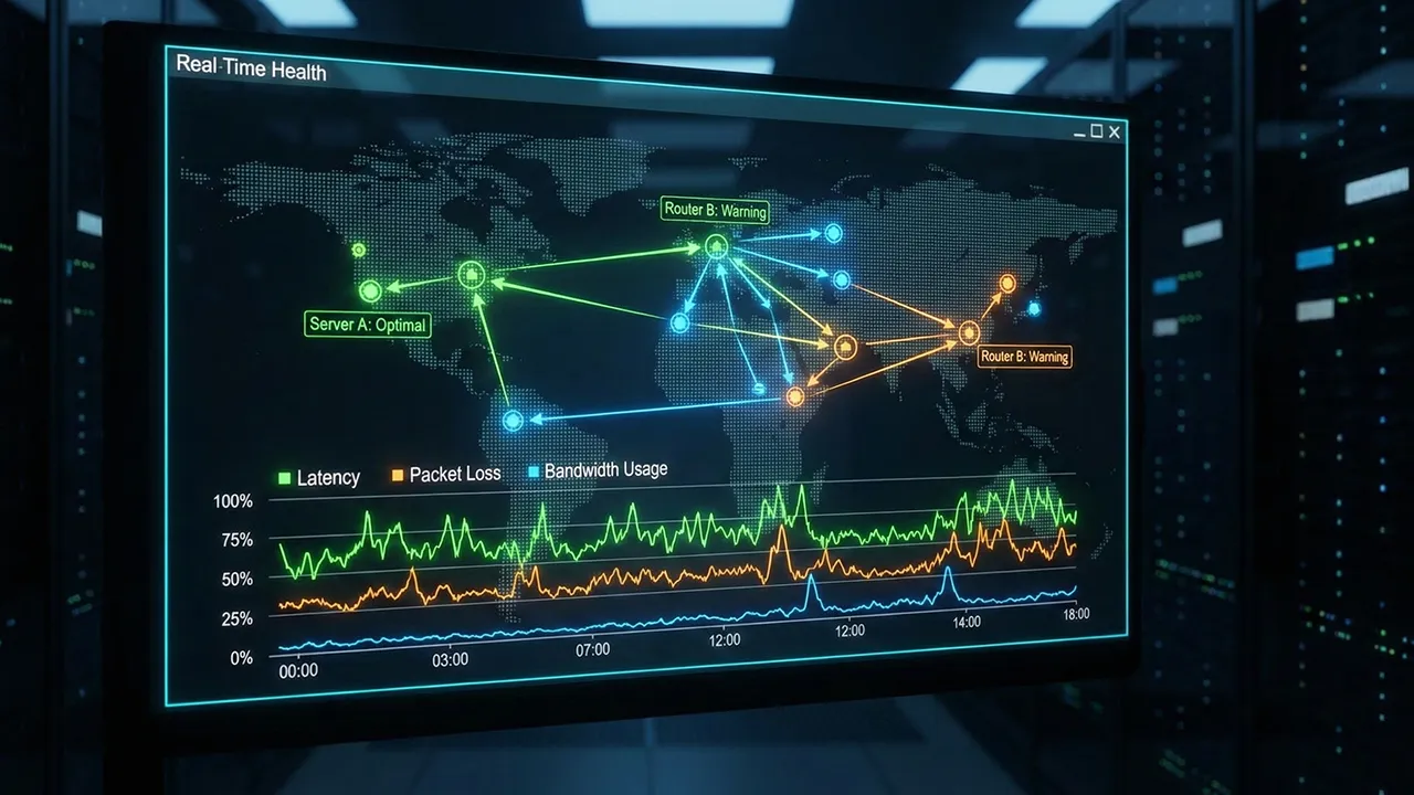 Display screen showing global network routes and performance graphs related to bonding internet connections