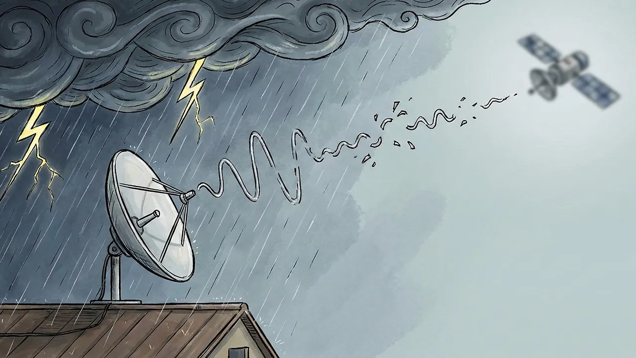 Illustration of a satellite dish losing signal in a storm to show challenges related to bonding internet connections