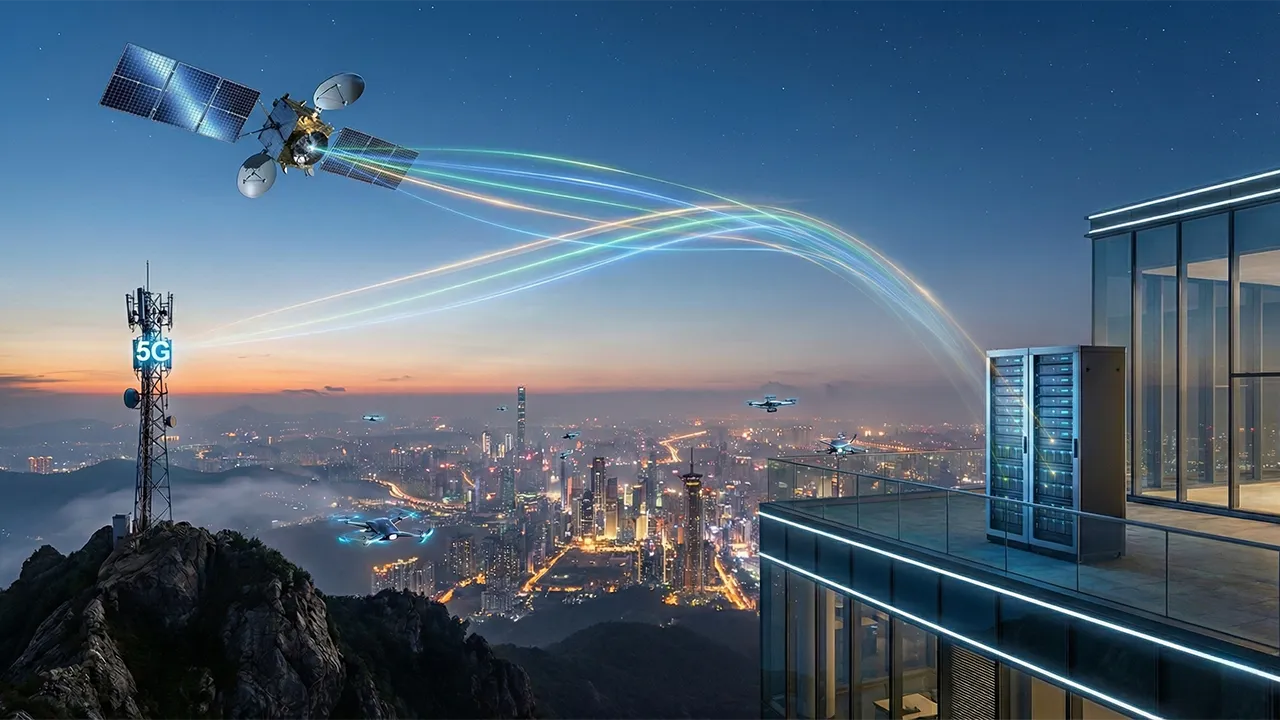 Futuristic cityscape showing bonding satellite and cellular internet links between a satellite a 5G tower and a rooftop data center