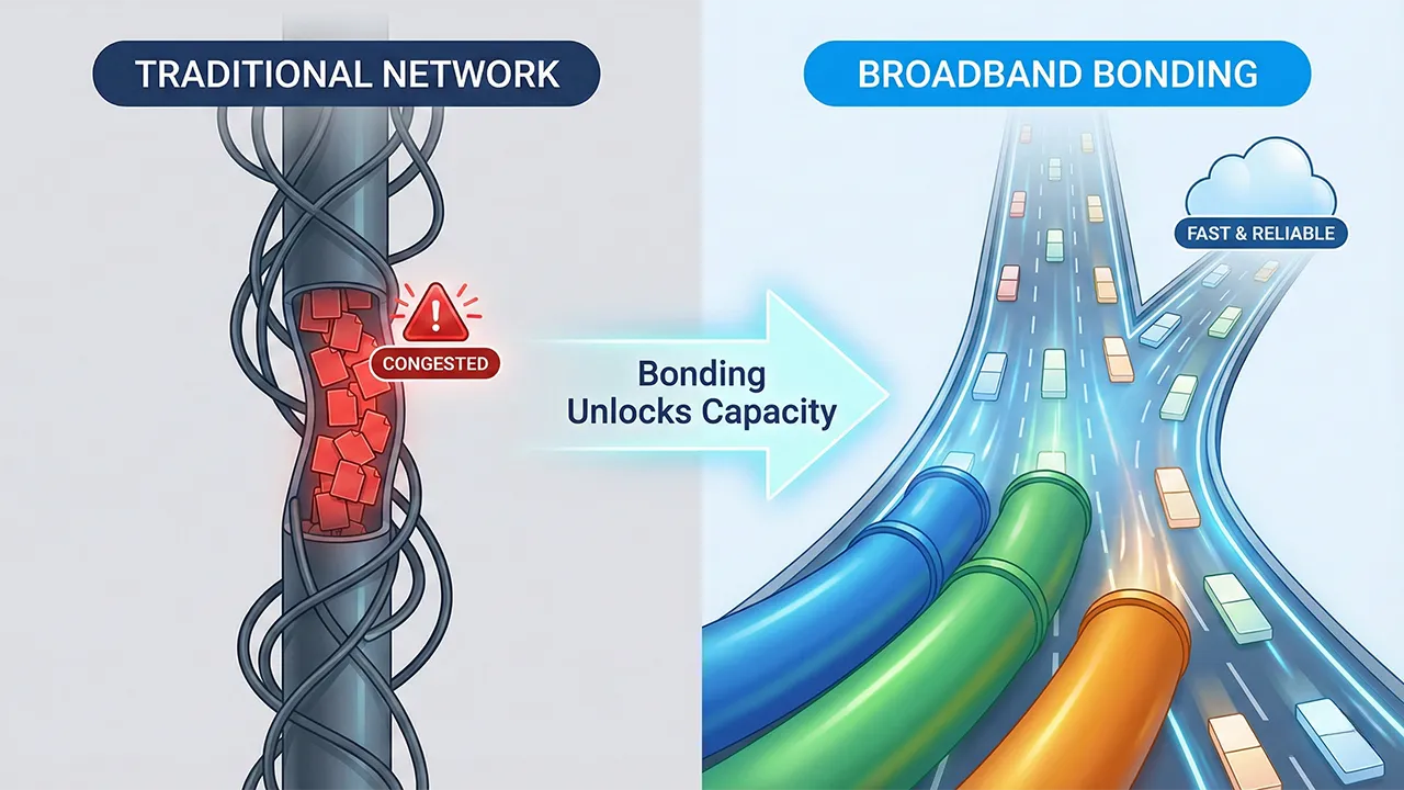 Comparison graphic showing a congested traditional line next to a clear multi lane path created by Broadband Bonding