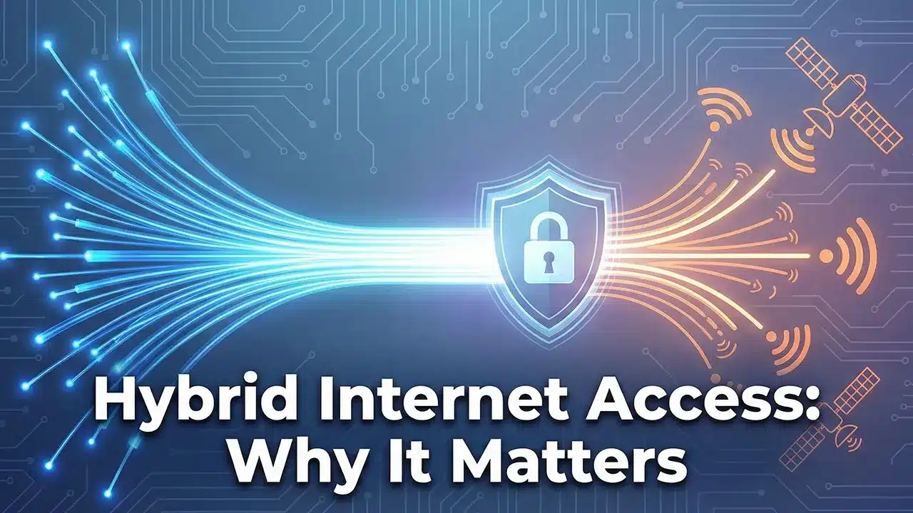 Digital illustration showing secure data flow representing blended connectivity in a Hybrid Internet Access setup