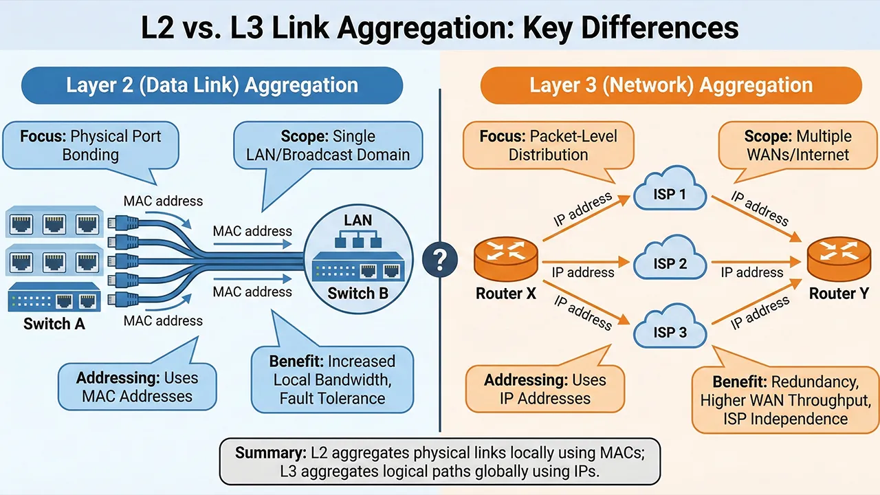 Diagram comparing L2 and L3 Link Aggregation with visuals of switches routers MAC addresses and IP addresses
