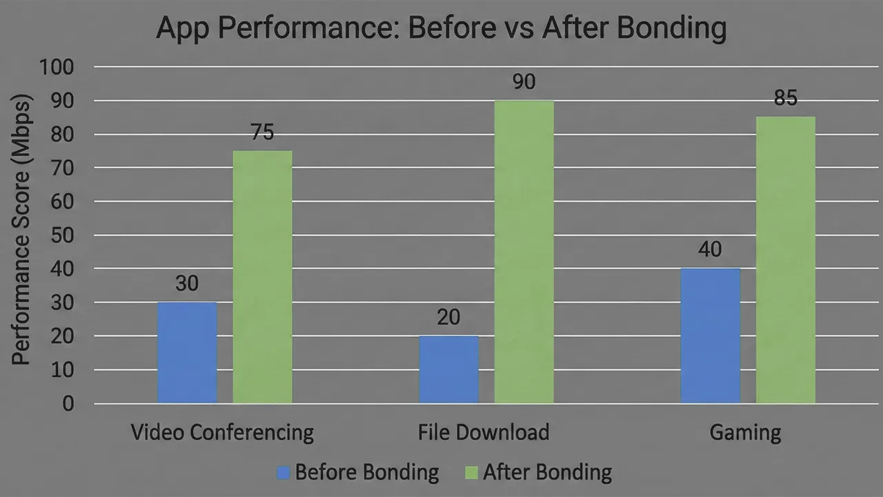 Bar chart comparing app performance before and after Link Aggregation with higher scores after bonding