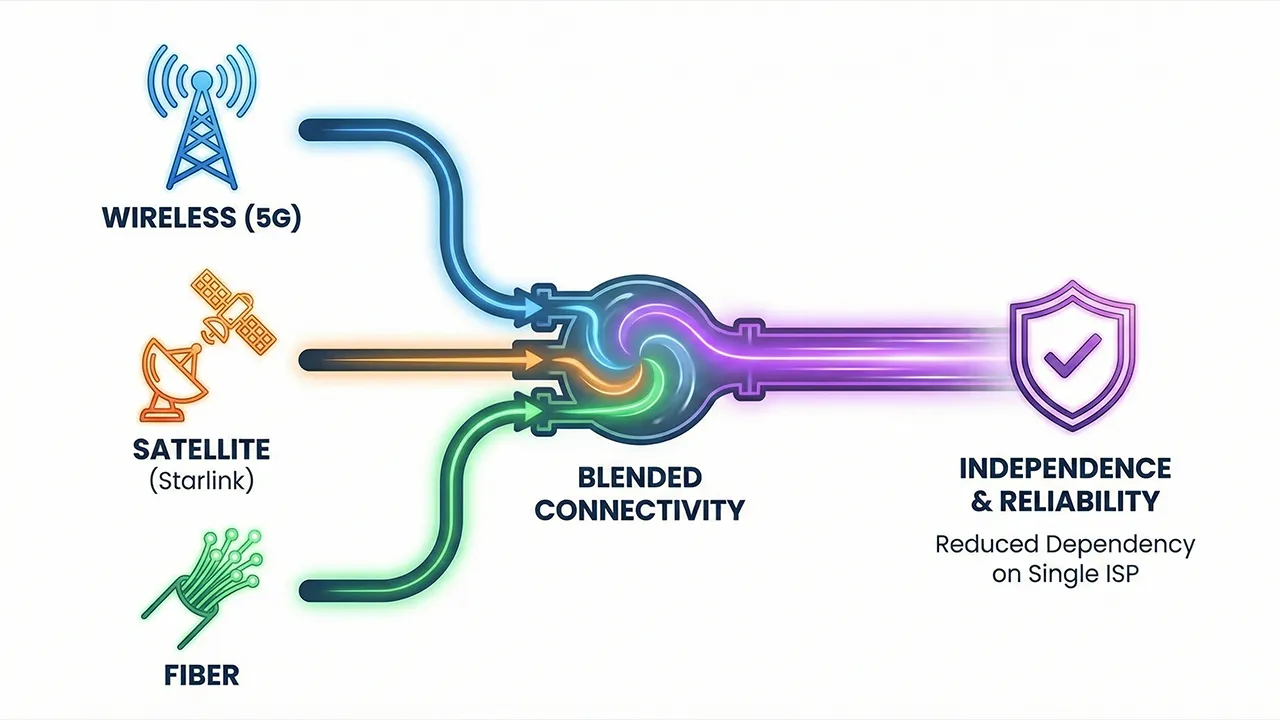Illustration showing Link Aggregation blending wireless satellite and fiber connections into a unified output