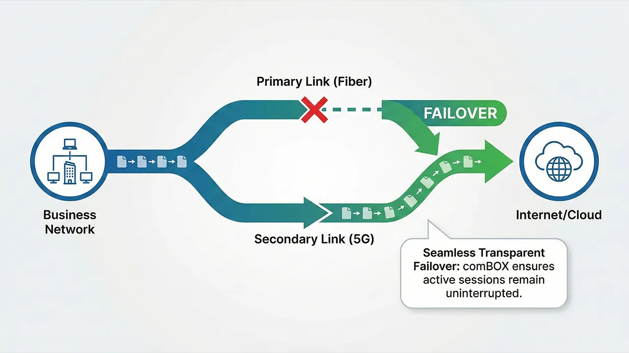 Diagram showing Link Aggregation failover where traffic moves from a primary fiber link to a secondary 5G link