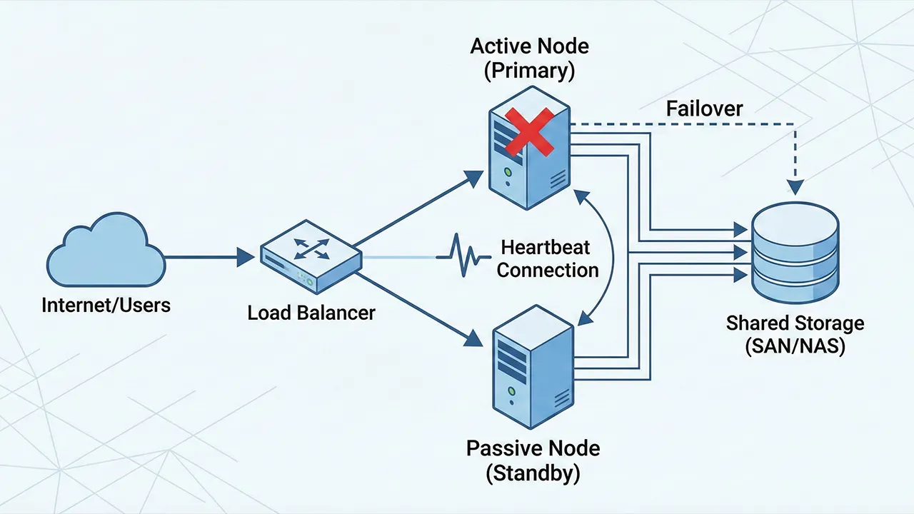 Diagram showing failover and load balancing with an active node passive node load balancer and shared storage using Link Aggregation