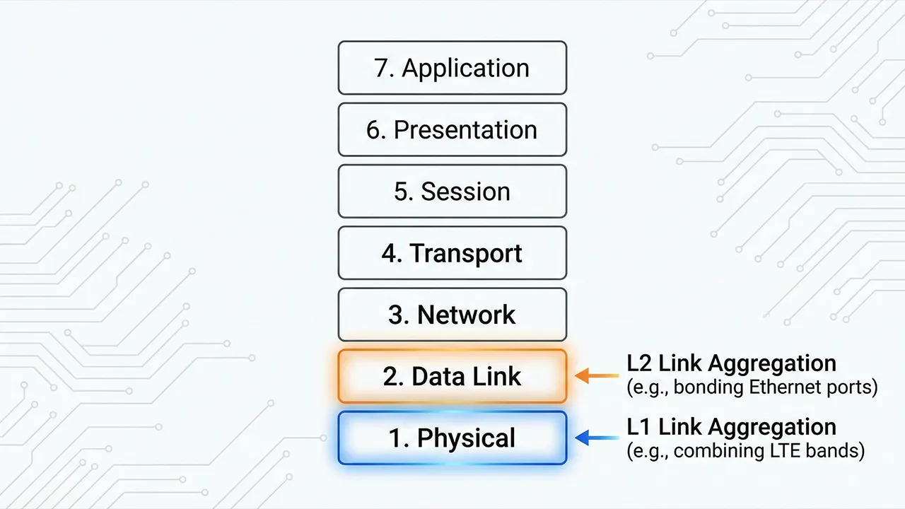 Diagram showing OSI layers with emphasis on how Link Aggregation works at the physical and data link layers