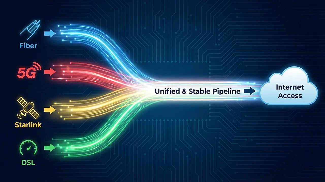 Network device showing multiple internet sources combined for Link Aggregation