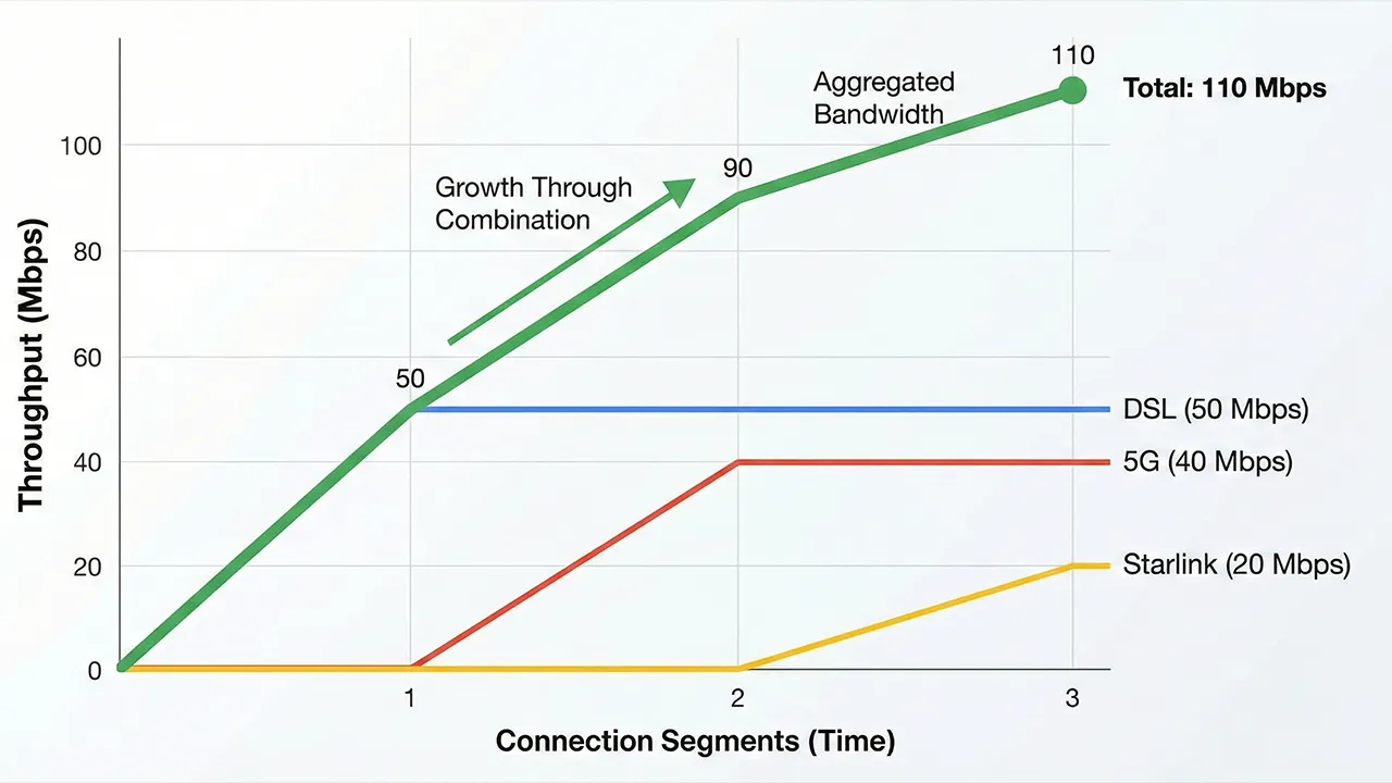 Graph showing how Link Aggregation increases total throughput by combining DSL 5G and Starlink speeds