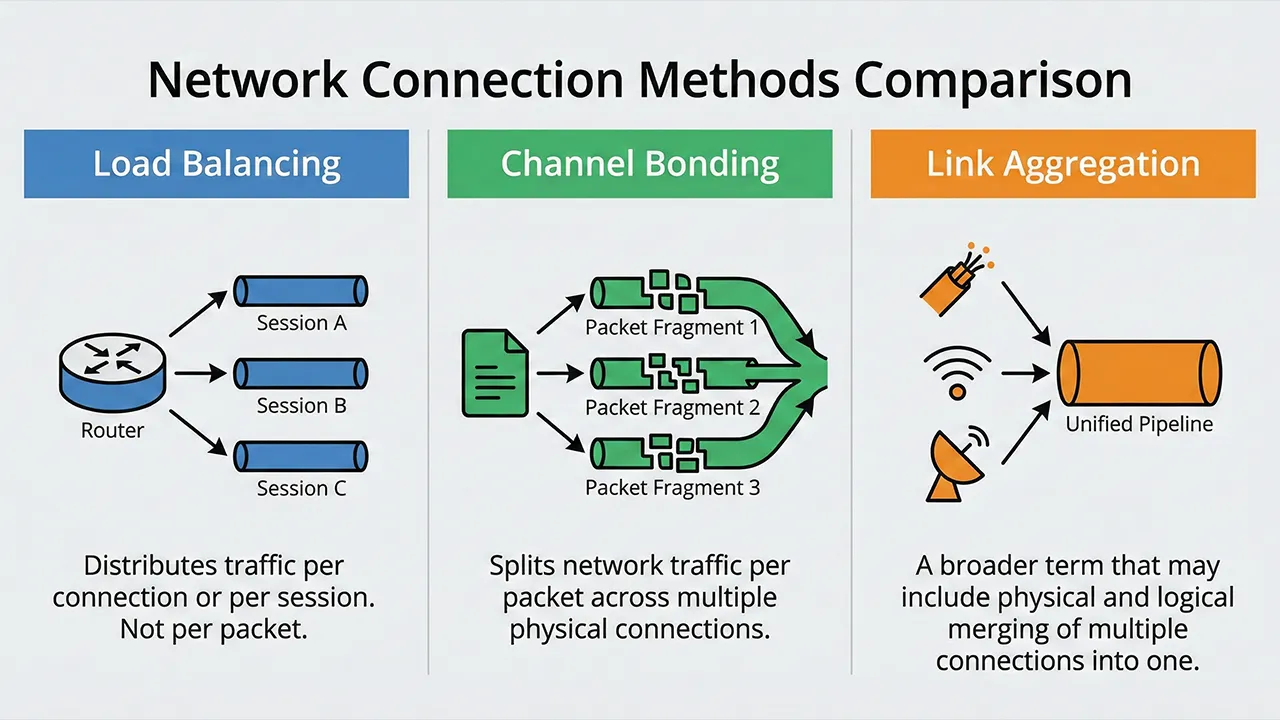 Comparison chart showing load balancing channel bonding and Link Aggregation with illustrations of traffic distribution and unified pipelines