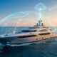 Luxury yacht at sea with digital network graphics illustrating a virtual leased line connection