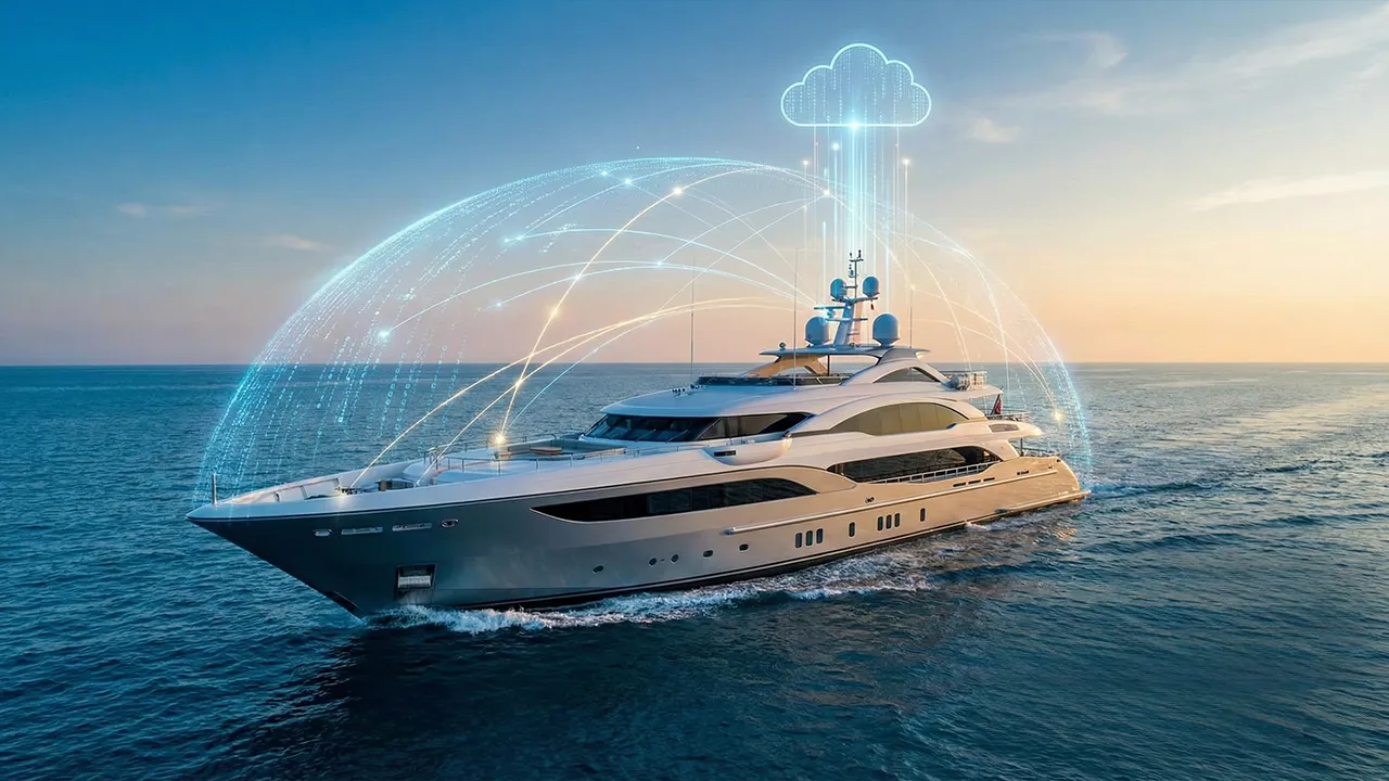 Luxury yacht at sea with digital network graphics illustrating a virtual leased line connection
