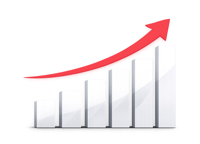 Grow partner business concept showing an upward red arrow over increasing bars representing satellite bonding growth