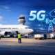 Aviation 5G connectivity displayed with an airplane on the runway and digital 5G and LTE network icons above