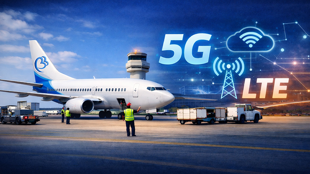 Aviation 5G connectivity displayed with an airplane on the runway and digital 5G and LTE network icons above