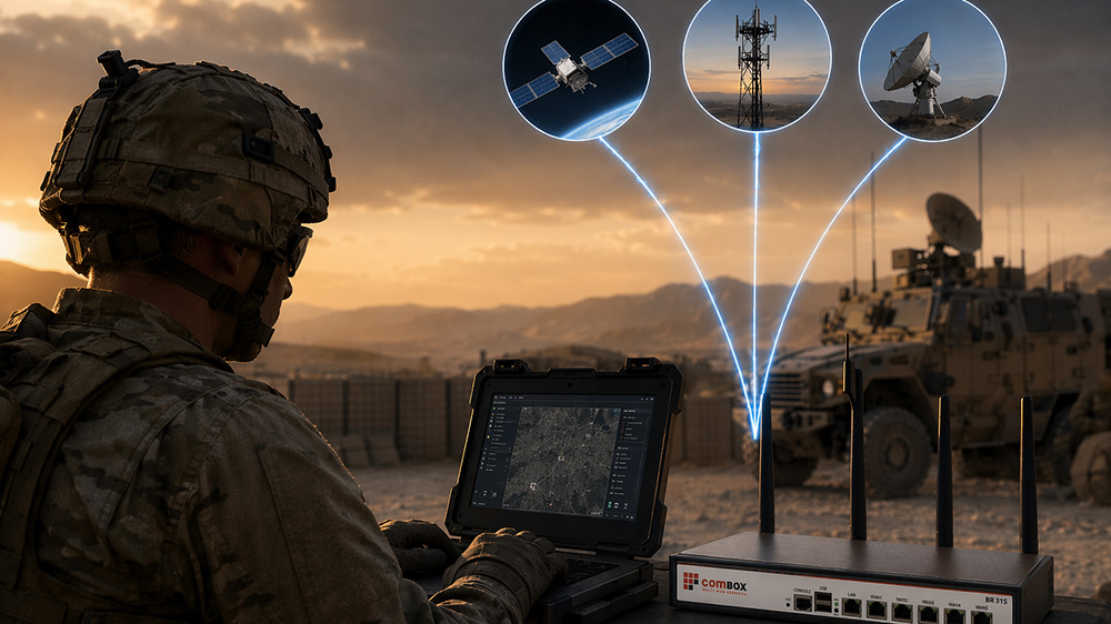How ComBOX Keeps US Army Forces Connected Across the Middle East soldier using rugged laptop with communication device and satellite links in desert environment