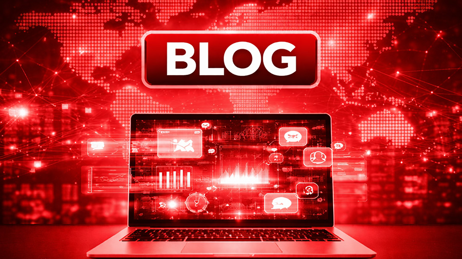 Blog concept displayed on a laptop screen with digital icons on a red global network background